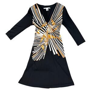 Diane Von Furstenberg 3/4 Sleeve Black Yellow Sunburst Silk Knee Length Dress 10